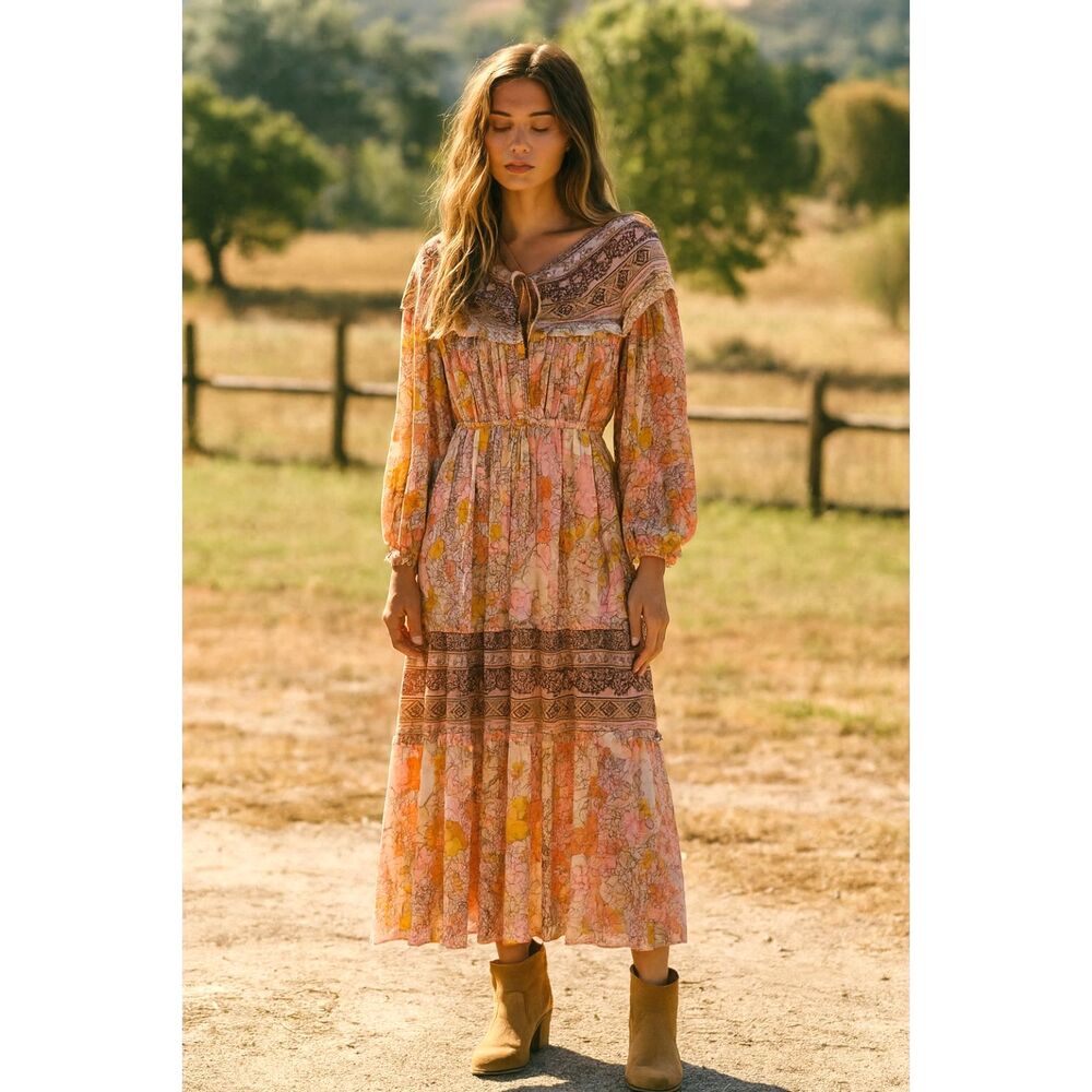 Lin Jia & Shop Long Sleeve Maxi Boho Floral Prairie Dress Women's Size Small